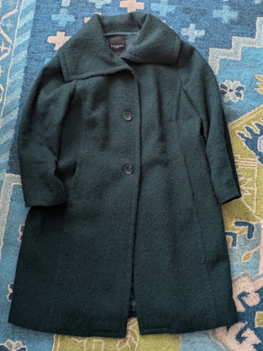 TALBOTS Women Sz 14W Dress Coat Green Wool Alpaca Mohair Blend Long Shawl Collar